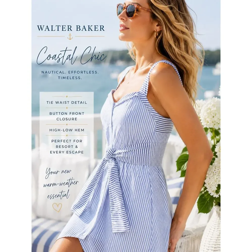 Walter Baker Blue White Stripe Tie Waist High-Low T-Shirt Dress M Coastal Resort